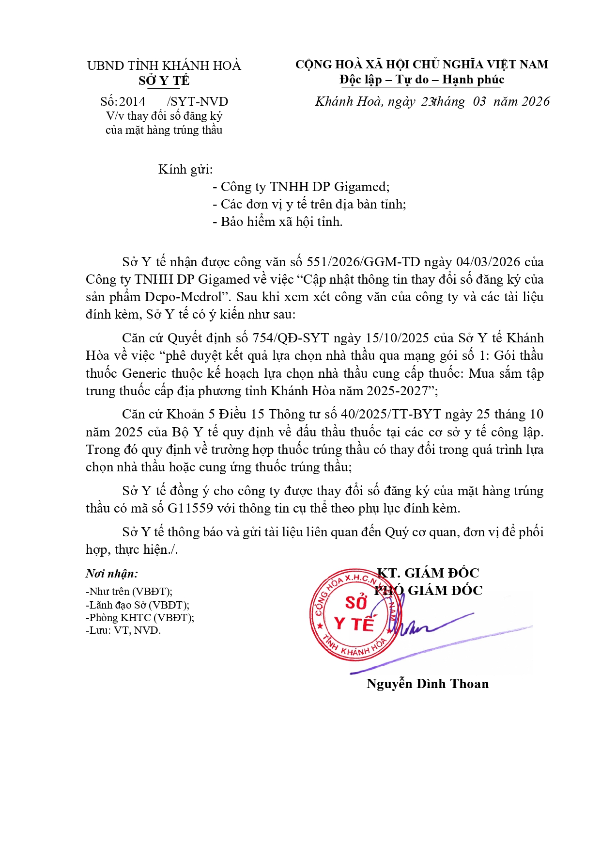 V/v thay đổi số đăng ký của mặt hàng trúng thầu